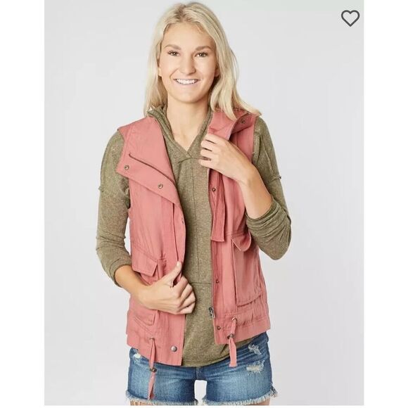 BKE Women's Large Withered Rose Pink Zip Snap Front Vest Jacket Utility Pockets - Picture 1 of 14
